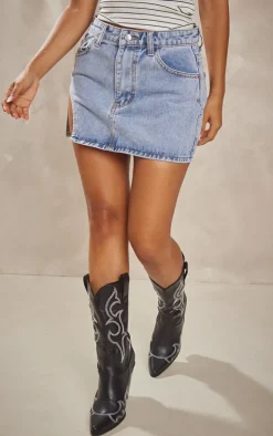 Petite Light Blue Wash Micro Mini Cut Out Denim Skirt