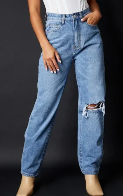 Petite Light Blue Wash Open Knee Leg Straight Jeans