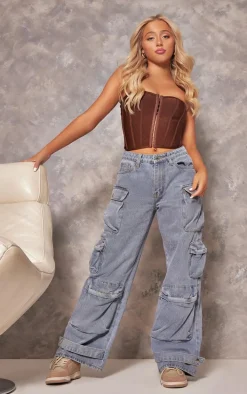 Petite Light Blue Wash Pocket Detail Wide Leg Jeans