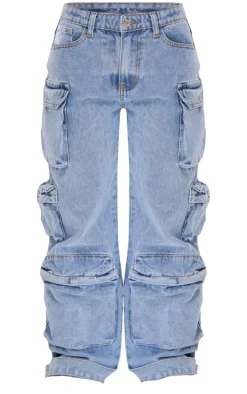 Petite Light Blue Wash Pocket Detail Wide Leg Jeans