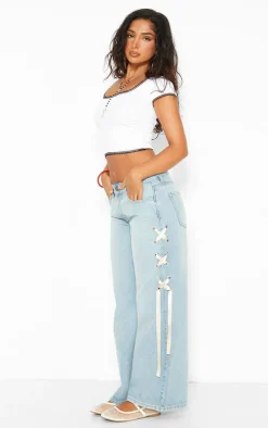 Petite Light Blue Wash Ribbon Lace Up Detail Wide Leg Jeans