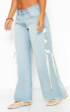 Petite Light Blue Wash Ribbon Lace Up Detail Wide Leg Jeans