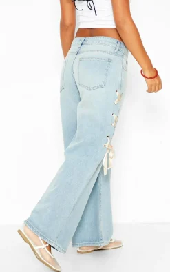 Petite Light Blue Wash Ribbon Lace Up Detail Wide Leg Jeans