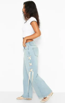Petite Light Blue Wash Ribbon Lace Up Detail Wide Leg Jeans