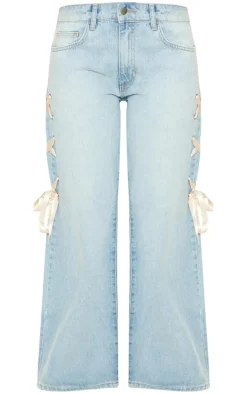 Petite Light Blue Wash Ribbon Lace Up Detail Wide Leg Jeans