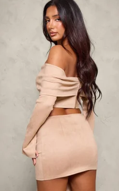 Petite Light Brown Faux Suede Long Sleeve Off The Shoulder Crop Top