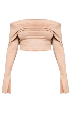 Petite Light Brown Faux Suede Long Sleeve Off The Shoulder Crop Top