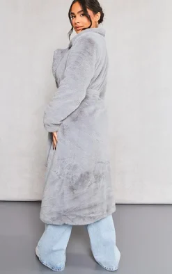 Petite Light Grey Belted Faux Fur Coat