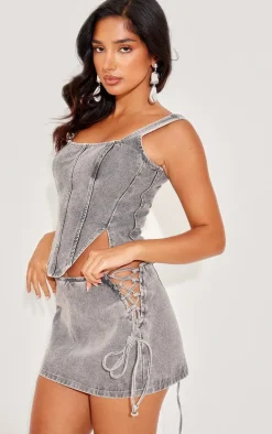 Petite Light Grey Denim Lace Up Mini Skirt