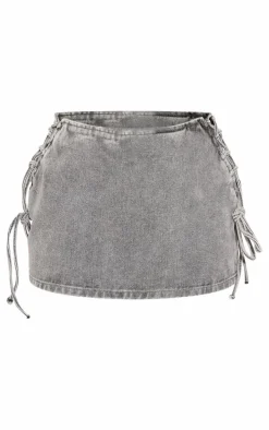 Petite Light Grey Denim Lace Up Mini Skirt