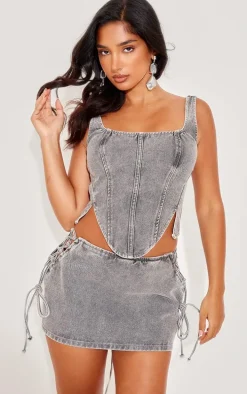 Petite Light Grey Denim Lace Up Corset Top
