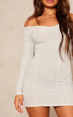 Petite Light Grey Off The Shoulder Soft Rib Mini Dress