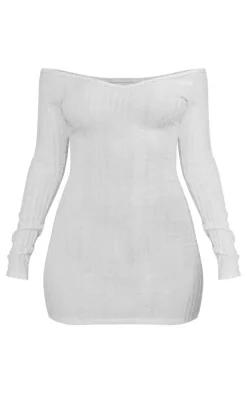 Petite Light Grey Off The Shoulder Soft Rib Mini Dress