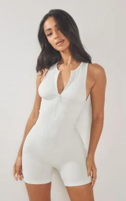 Petite Light Grey Snatched Rib Zip Up Front Unitard