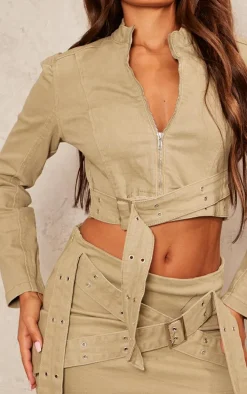 Petite Light Khaki Denim Belt Detail Jacket