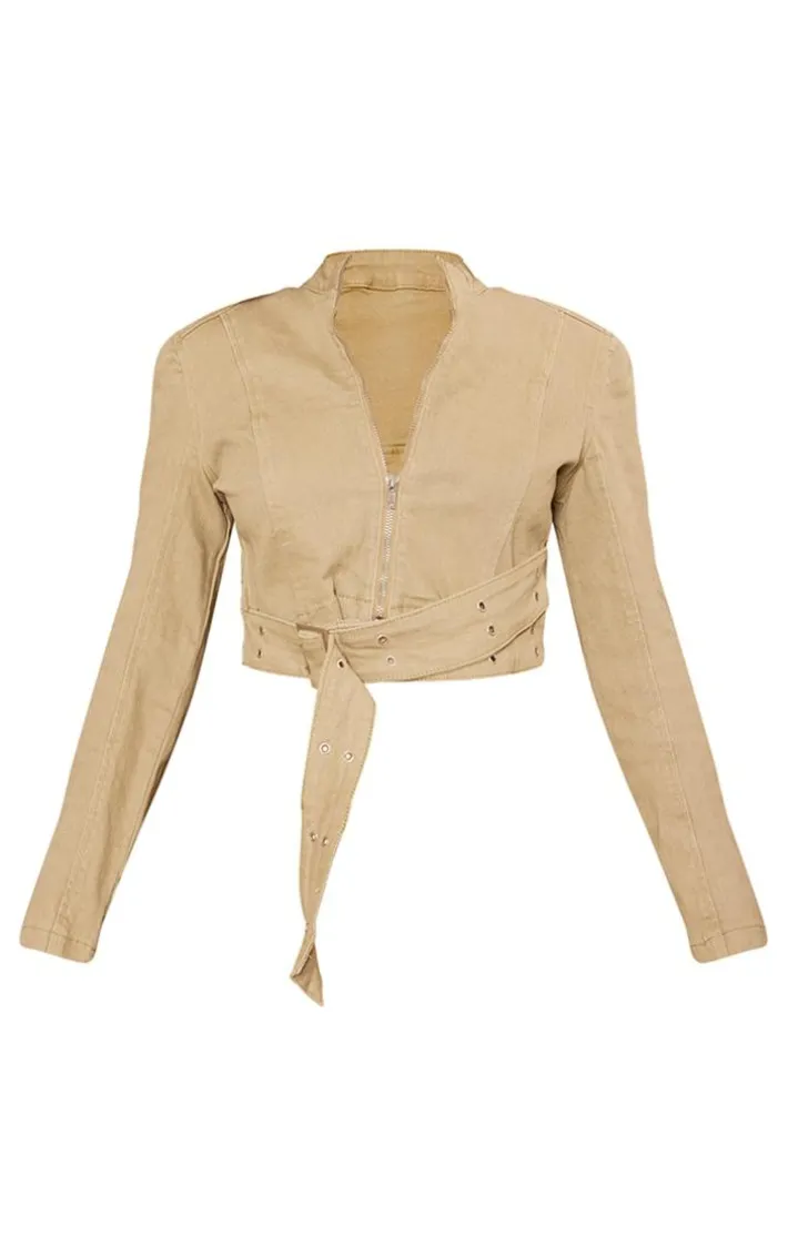 Petite Light Khaki Denim Belt Detail Jacket