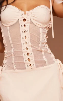 Petite Light Pink Mesh Corset Lace-up Fitted Mini Dress