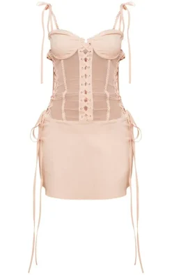 Petite Light Pink Mesh Corset Lace-up Fitted Mini Dress
