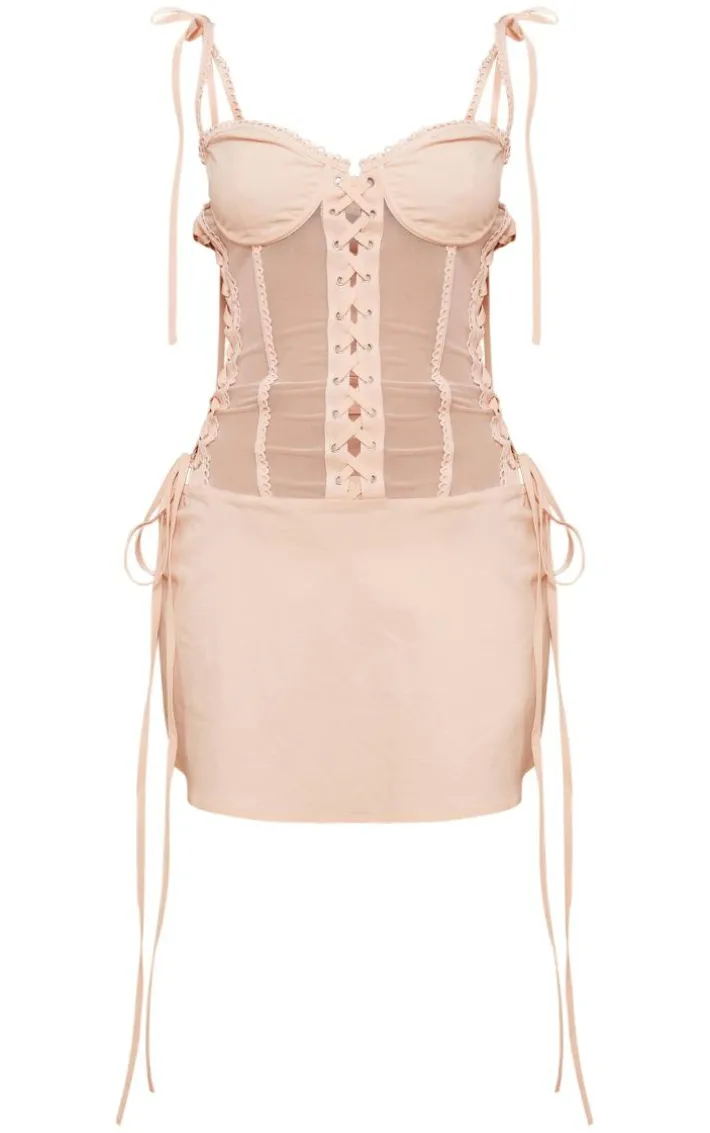 Petite Light Pink Mesh Corset Lace-up Fitted Mini Dress