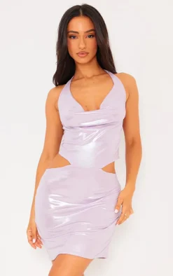 Petite Lilac Metallic Cowl Neck Mini Cut Out Dress