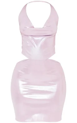 Petite Lilac Metallic Cowl Neck Mini Cut Out Dress