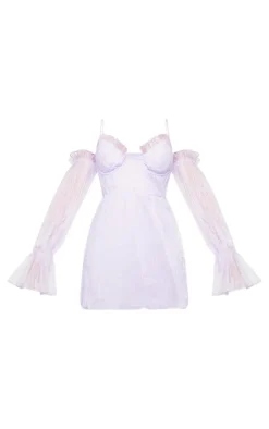 Petite Lilac Off The Shoulder Plisse Mini Dress