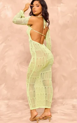 Petite Lime Green Knitted Open Back Long Sleeve Maxi Dress