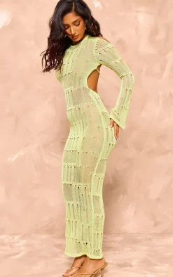 Petite Lime Green Knitted Open Back Long Sleeve Maxi Dress
