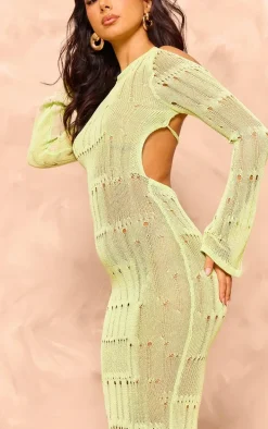 Petite Lime Green Knitted Open Back Long Sleeve Maxi Dress