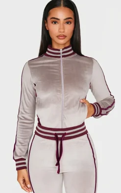 Petite Mauve Contrast Velour Fitted Longline Zip Up Jacket