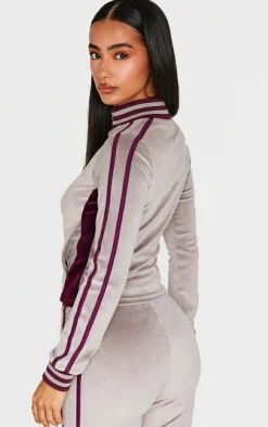 Petite Mauve Contrast Velour Fitted Longline Zip Up Jacket