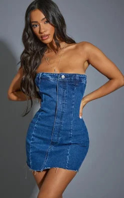 Petite Mid Blue Wash Denim Bandeau Mini Dress