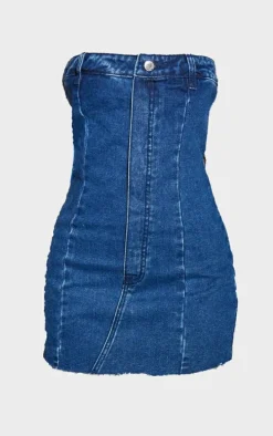 Petite Mid Blue Wash Denim Bandeau Mini Dress