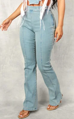 Petite Mid Blue Wash Denim Flares With Ribbon Details