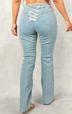 Petite Mid Blue Wash Denim Flares With Ribbon Details