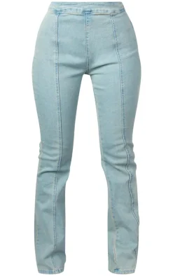 Petite Mid Blue Wash Denim Flares With Ribbon Details
