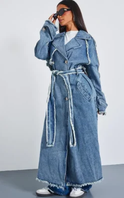 Petite Mid Blue Wash Denim Frayed Edge Maxi Trench Coat