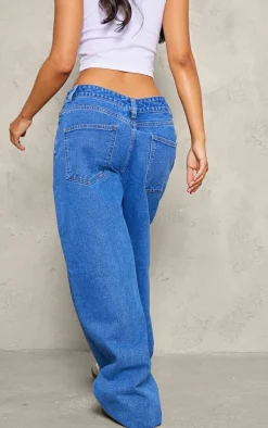 Petite Mid Blue Wash Dipped Back Waistband Boyfriend Jeans