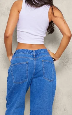 Petite Mid Blue Wash Dipped Back Waistband Boyfriend Jeans