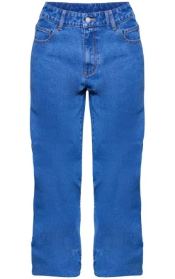 Petite Mid Blue Wash Dipped Back Waistband Boyfriend Jeans