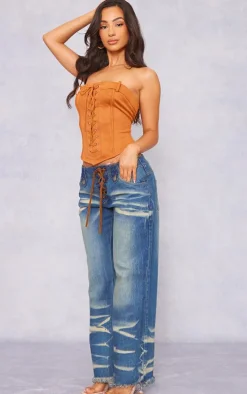 Petite Mid Blue Wash Low Rise Lace Up Wide Leg Jeans