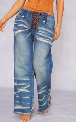 Petite Mid Blue Wash Low Rise Lace Up Wide Leg Jeans