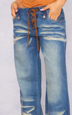 Petite Mid Blue Wash Low Rise Lace Up Wide Leg Jeans