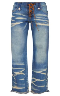 Petite Mid Blue Wash Low Rise Lace Up Wide Leg Jeans