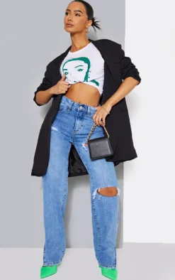 Petite Mid Blue Wash Ripped Split Hem Jeans