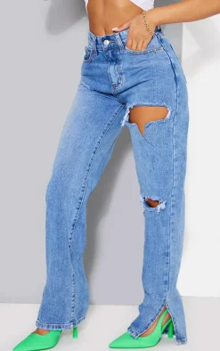 Petite Mid Blue Wash Ripped Split Hem Jeans