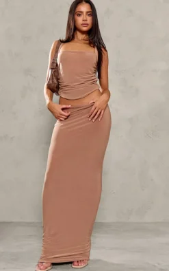 Petite Mocha Slinky Low Waist Maxi Skirt