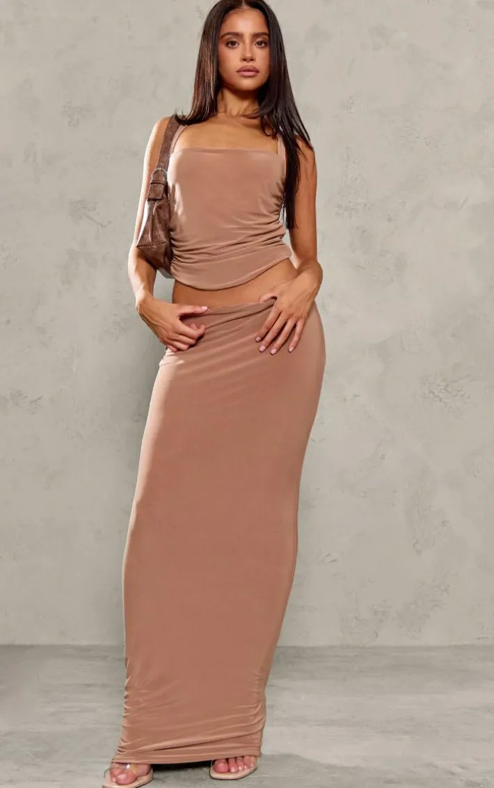 Petite Mocha Slinky Low Waist Maxi Skirt