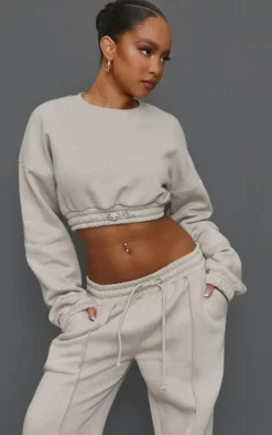 Petite Moss Grey Crop Elasticated Sweat Top