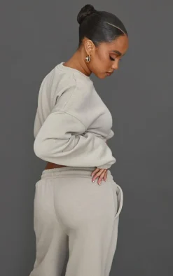 Petite Moss Grey Crop Elasticated Sweat Top